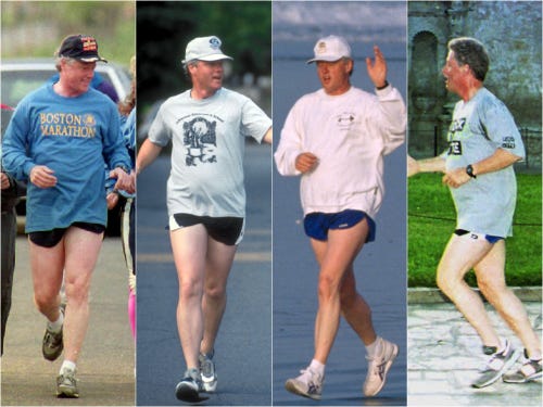Side by side of four instances Clinton was running with very short shorts on.